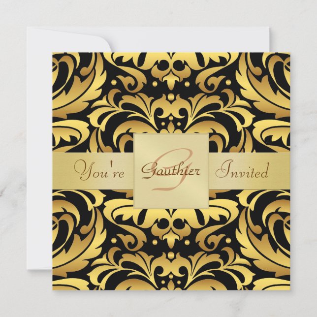 Holiday New Years Damask Foil Monogram Invitation (Front)