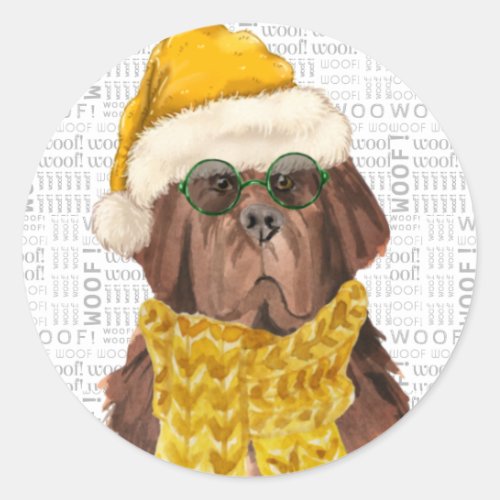 Holiday Newfoundland Dog and Woof Art Christmas Classic Round Sticker
