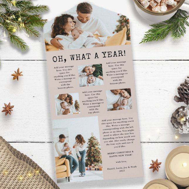 Holiday Newsletter Trifold Card (Oh, What A Year Christmas New Year Holiday Newsletter Card - Tan and Black)