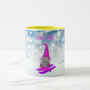Holiday Nisse skiing woodland snow pink Two-Tone Coffee Mug