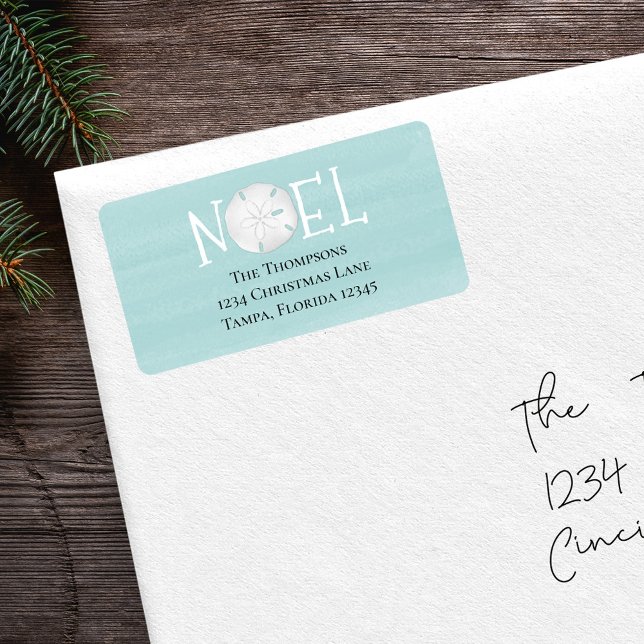 Holiday Noel Watercolor Beach Tropical Sand Dollar Label (Holiday Noel Typography beach ocean theme return address label.)