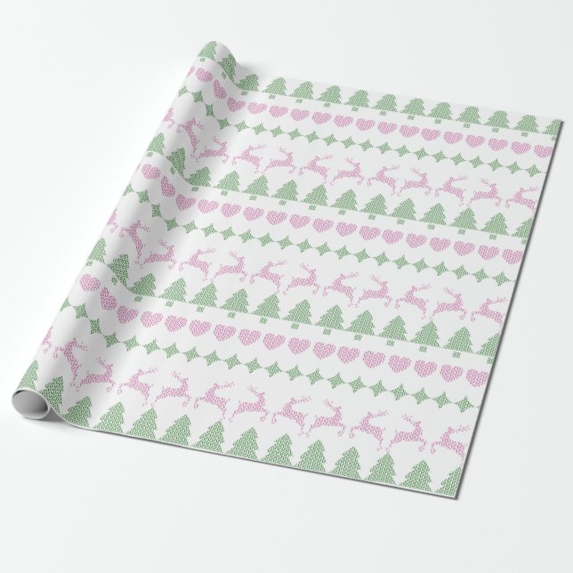 Holiday Not-So Ugly Sweater Pattern Green & Pink Wrapping Paper (Unrolled)