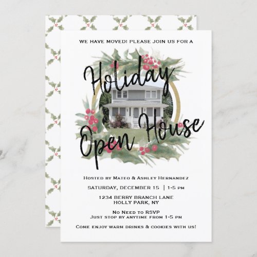 Holiday Open House | Christmas Housewarming Party Invitation - Invite friends, family, or business associates to a merry holiday housewarming with these elegant party invitations. Picture and text are simple to customize Change event name to Christmas Open House or other title of your choice.  (IMAGE PLACEMENT TIP:  An easy way to center a photo exactly how you want is to crop it before uploading to the Zazzle website.) Design features a rustic watercolor holly wreath with leaves and berries on a faux gold foil circle and modern white background. Upload any custom photo of your home, family, office coworkers, etc. The stylish script greeting and vintage typography font are simple to customize.  This chic change of address holiday card announcement invite is a sophisticated way to introduce people to your new address. Happy Holidays!