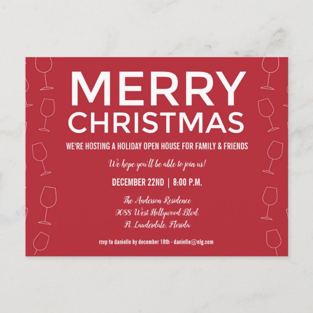 Holiday Open House Christmas Red Wine Party Invite (Front)
