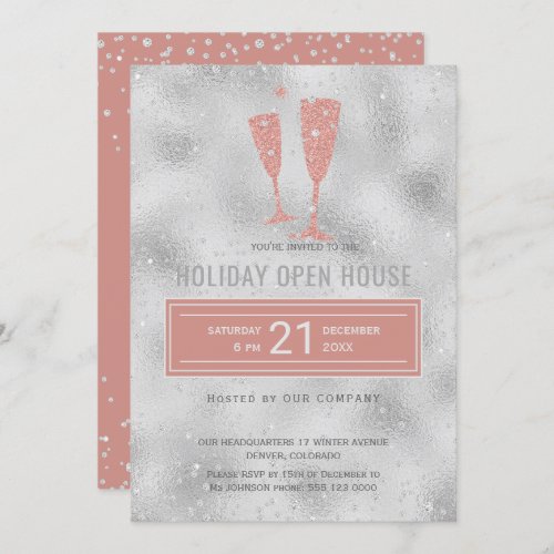 Holiday Open House Elegant Silver Blush Corporate Invitation