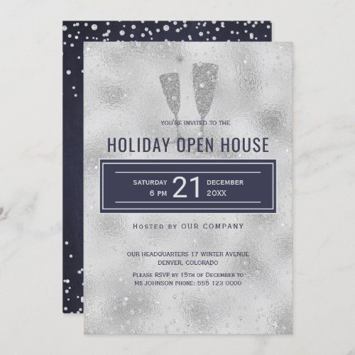Holiday Open House Elegant Silver Navy Corporate Invitation