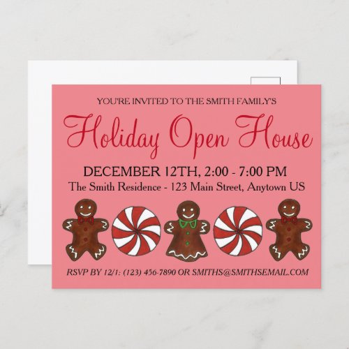 Holiday Open House Gingerbread Cookie Peppermint  Invitation Postcard