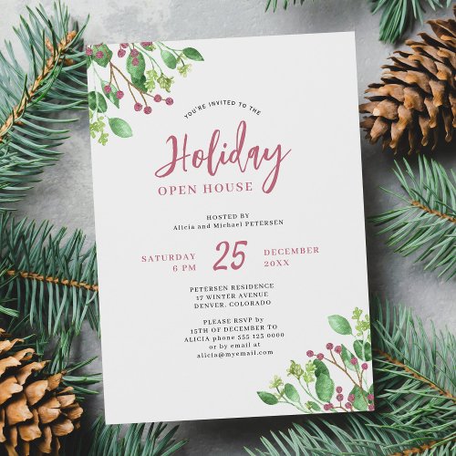 Holiday Open House modern greenery Christmas party Invitation