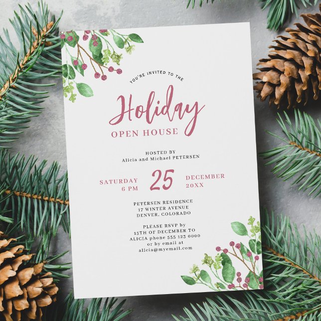 Holiday Open House modern greenery Christmas party Invitation (Creator Uploaded)