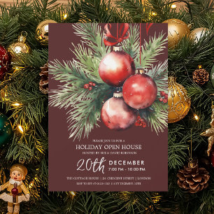 Holiday Open House Painted Baubles Burgundy  Invitation