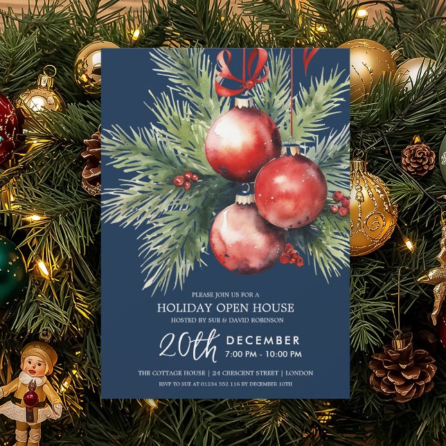 Holiday Open House Painted Baubles Navy Blue  Invitation (Holiday Open House Painted Baubles Navy Blue Invitation)