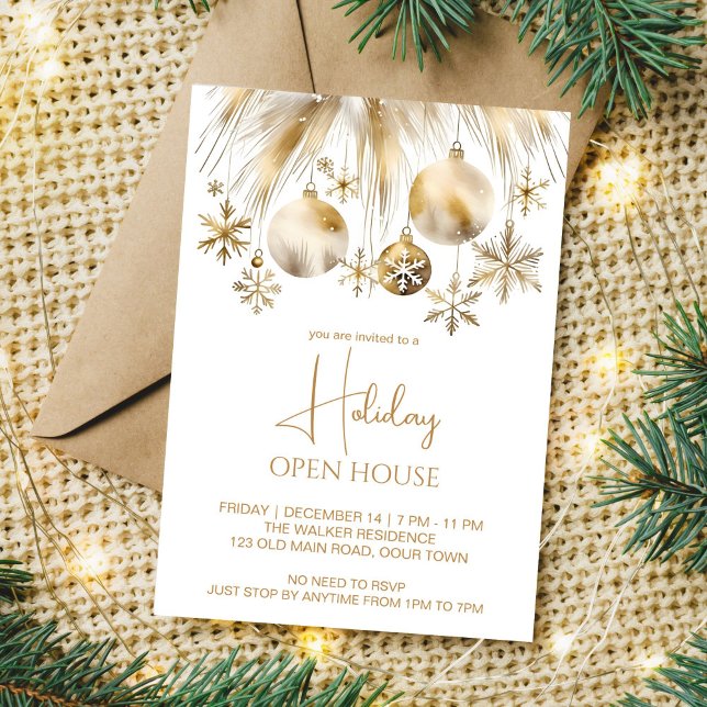 Holiday open house party boho metallic watercolor invitation (Open holiday house Christmas party editable template boho silver gold baubles pampas grass snowflake)