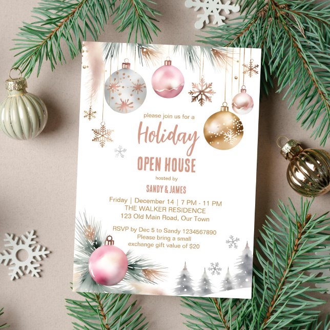 Holiday open house party boho metallic watercolor invitation (Holiday open house Christmas dinner party editable template invitation digital download watercolor)