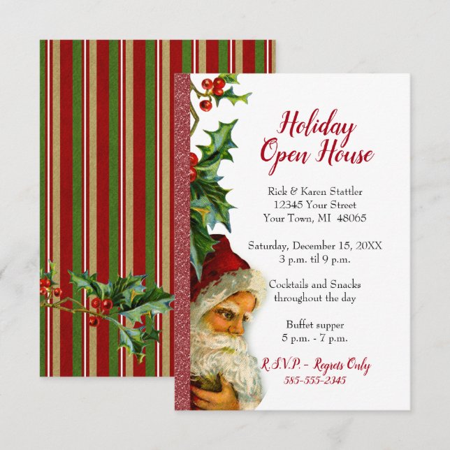 Holiday Open House Red Glitter Santa Holly Invitation (Front/Back)