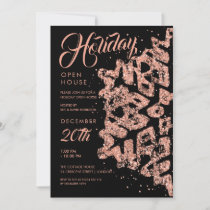 Holiday Open House Rose Gold Glitter Black Invitation