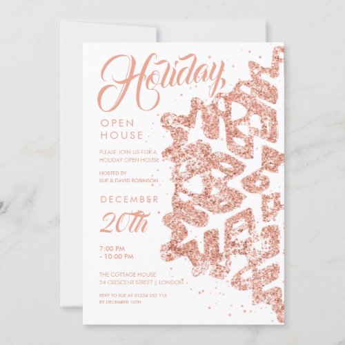 Holiday Open House Rose Gold Glitter  Invitation