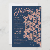 Holiday Open House Rose Gold Glitter Navy  Invitation