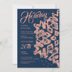 Holiday Open House Rose Gold Glitter Navy  Invitation