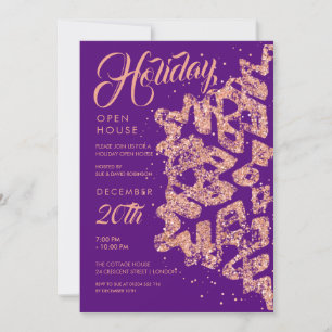 Holiday Open House Rose Gold Glitter Purple Invitation