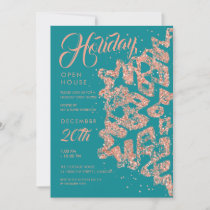 Holiday Open House Rose Gold Glitter Teal  Invitation