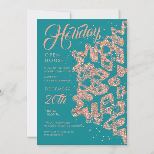 Holiday Open House Rose Gold Glitter Teal  Invitation