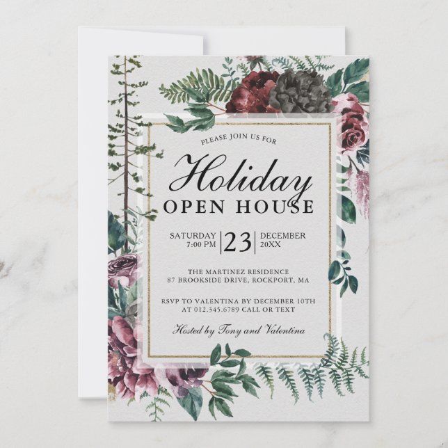 Holiday Open House Rustic Red Floral Invitation (Front)