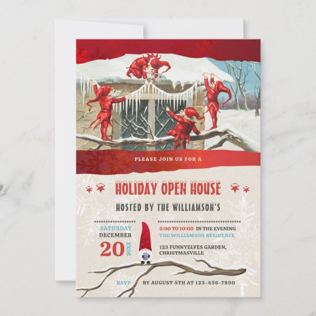 Holiday Open House Vintage Elves  Invitation (Front)
