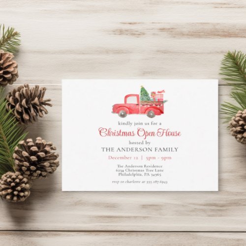 Holiday Open House Watercolor Red Christmas Truck Invitation