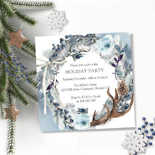 Holiday or Christmas Party, Rustic Blue Wreath Invitation