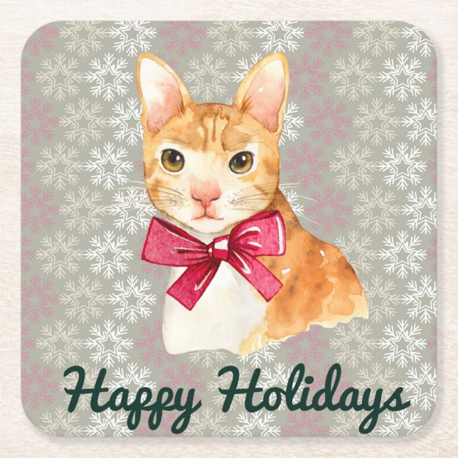 Holiday Orange Tabby Square Paper Coaster (Front)