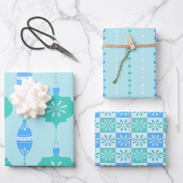Holiday Ornament and bead design trio in blue Wrapping Paper Sheets (Front)