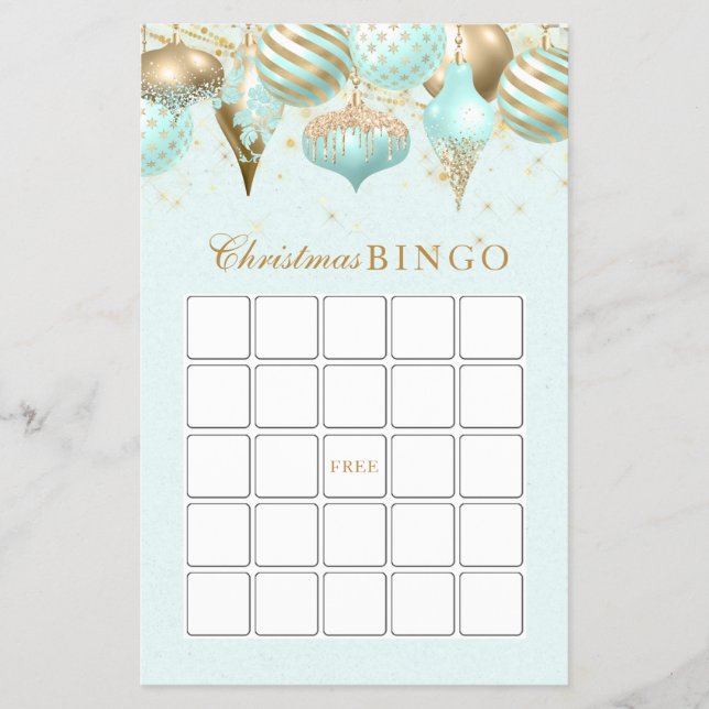 Holiday Ornament Christmas Bingo Game Aqua Flyer (Front)