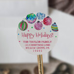 Holiday Ornament Christmas Return Address Classic Round Sticker<br><div class="desc">These holiday ornament christmas return address stickers are perfect for a festive holiday card or invitation envelope. The watercolor design features dangling colorful christmas baubles with red green and blue confetti.</div>