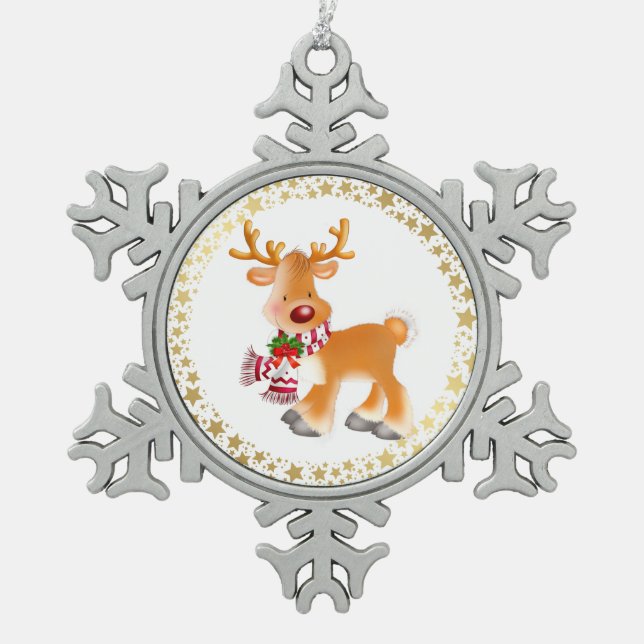 Holiday Ornament-Rudolph Snowflake Pewter Christmas Ornament (Front)
