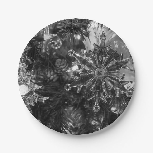 Holiday Ornaments Grayscale Paper Plates (Front)