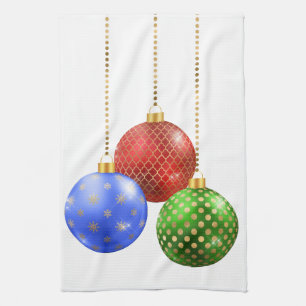Holiday Ornaments Red Blue Green Gold Kitchen Towel