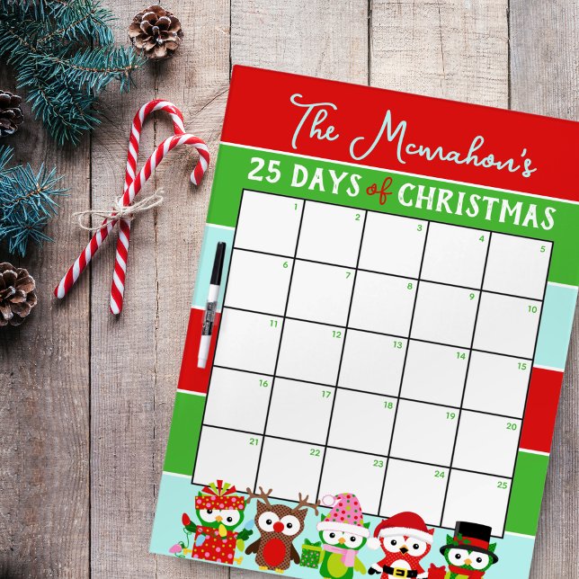 Holiday Owls 25 Days of Christmas Activity Dry Erase Board (25 Days of Christmas Activity White Board. Adorable Peeking Reindeer Design, Other Designs Available)