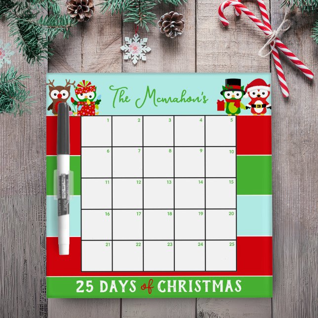 Holiday Owls 25 Days of Christmas Activity Dry Erase Board (25 Days of Christmas Activity White Board. Adorable Peeking Reindeer Design, Other Designs Available)