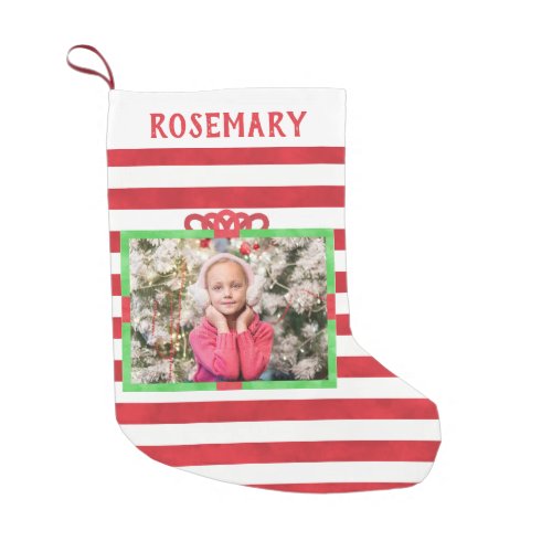 Holiday Package Photo Frame  Red White Stripes Small Christmas Stocking