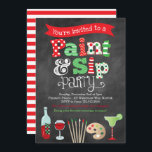 Holiday Paint and Sip Wine and Painting Invitation<br><div class="desc">Our festive and cheerful Holiday Paint and Sip Wine and Painting Invitation is the perfect invite for any holiday or Christmas painting and wine event. Our design features a chalkboard background, a mix of fun pattern letters such as polka dots, stripes and chevron, and art illustrations and graphics such as...</div>