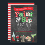 Holiday Paint and Sip Wine and Painting Invitation<br><div class="desc">Our festive and cheerful Holiday Paint and Sip Wine and Painting Invitation is the perfect invite for any holiday or Christmas painting and wine event. Our design features a chalkboard background, a mix of fun pattern letters such as polka dots, stripes and chevron, and art illustrations and graphics such as...</div>