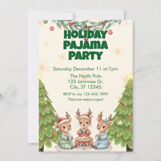 Holiday Pajama Party, reindeer and cocoa Invitation (Front)