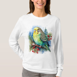 Holiday Parakeet on a Pine Branch with Berries T-Shirt