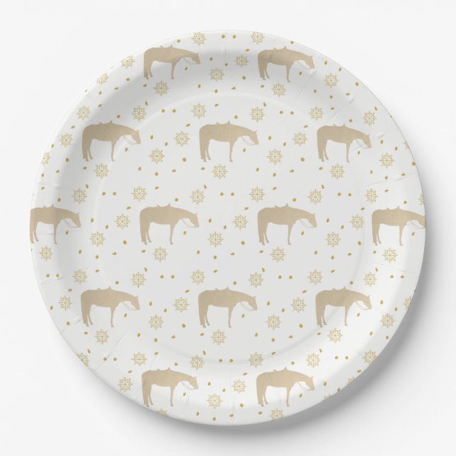 Holiday Parchment Gold White Western Horse Paper Plates (Front)