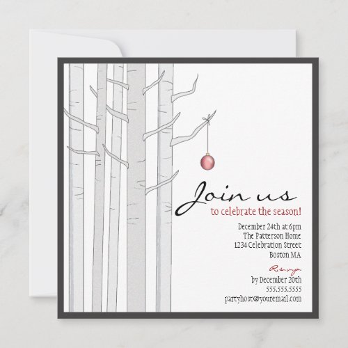 Holiday Party Birch Tree  Red Ornament Invitation