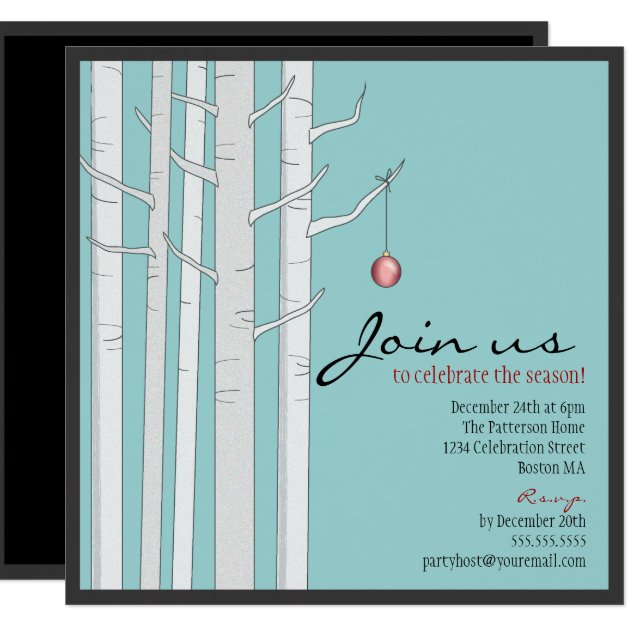 Holiday Party Birch Tree & Red Ornament Invitation