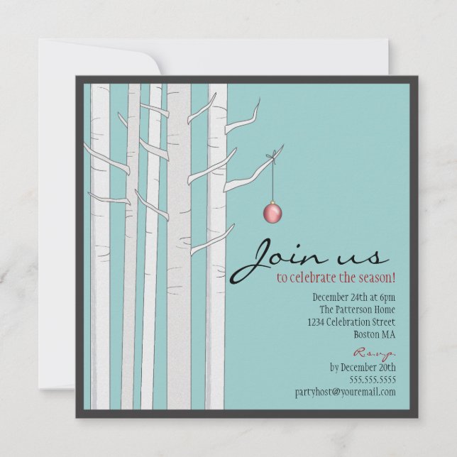 Holiday Party Birch Tree & Red Ornament Invitation (Front)