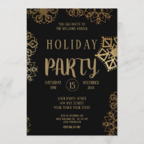 Holiday Party |  Black and Gold Glitter Snowflakes Invitation