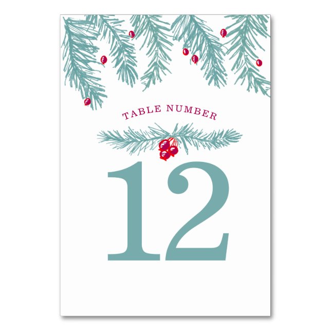 Holiday party blue green fir red berry christmas table number (Front)