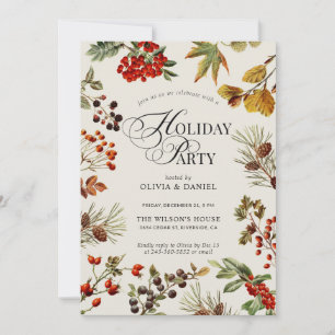 Holiday Party Botanical Plants Berries Script Invitation